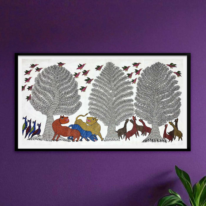 15 x 22 Inch | Nature & Animal behavior | Original Hand Painted Tribal Gond Art Painting | Acrylic Paints On Canvas