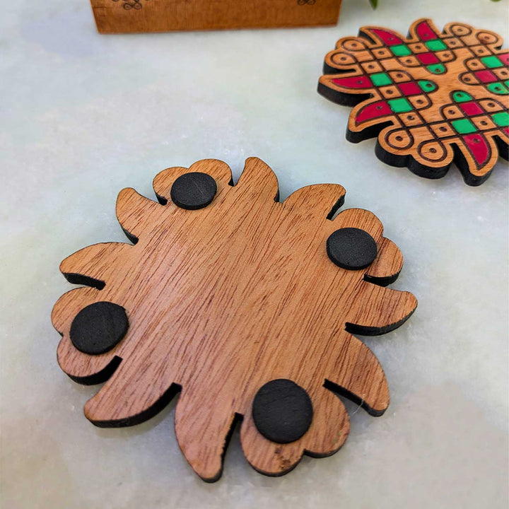 2 pc | Hand-Painted Engraved Mahogany Wood Square Kolam Coasters With Holder For Coffee Table & Dining Decor
