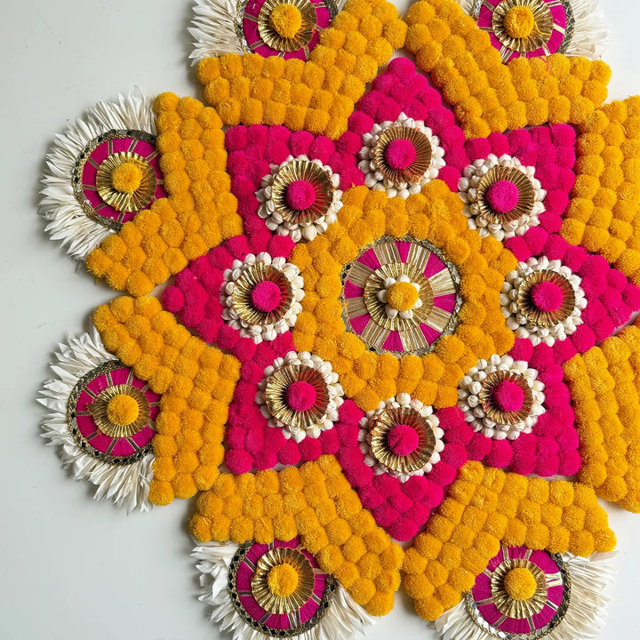 Reusable Pink & Yellow Floral Rangoli | 1 Center Piece And 8 Side Piece