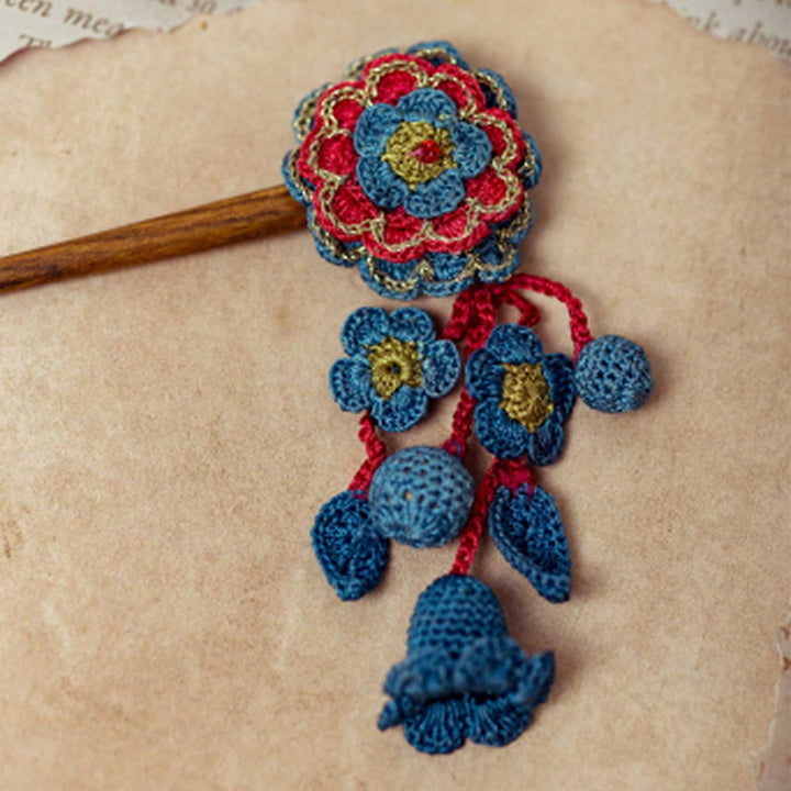 Handmade Crochet Guncha Red Blue Camelia Bunch Hairstick