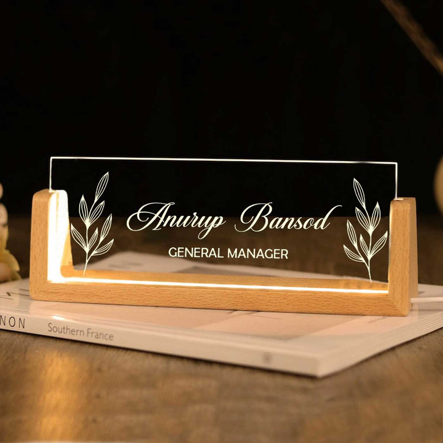 Personalized Profession Floral Theme Sleek Glass Desk Nameplate With Led Light - Name Personalization Example on Desk Stand
