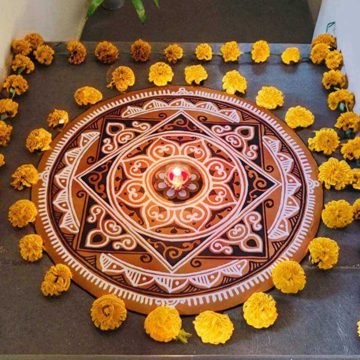 2 Ft Foldable Fabric Reusable Rangoli Mat | Handmade Vyana Circle Kolam | Canvas, Anti-skid, Water-resistant