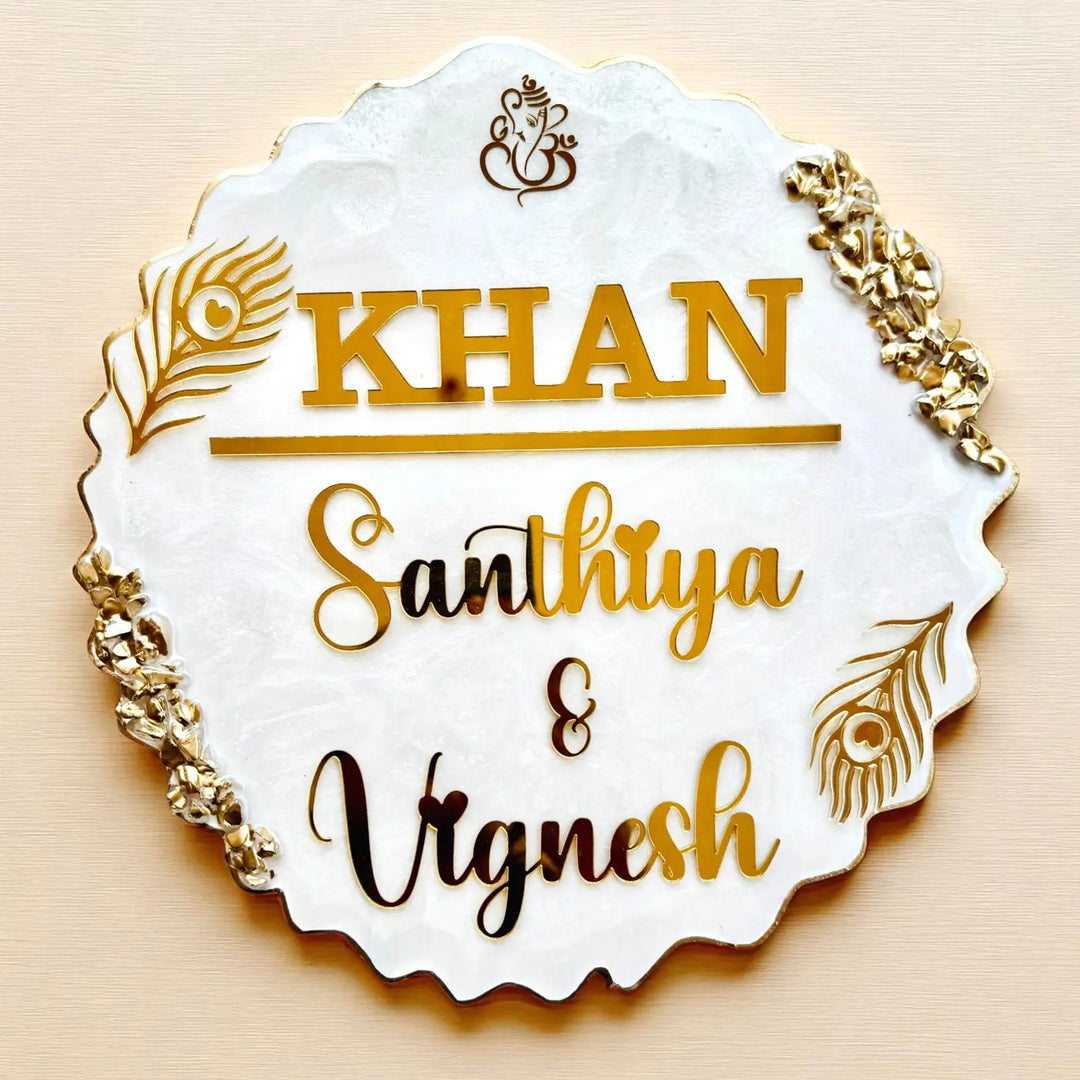 White Feather Personalized Marble Efffect Wavy Round Resin Name Plate | With 3D Acrylic Letters & Gold Stone Embellishment
