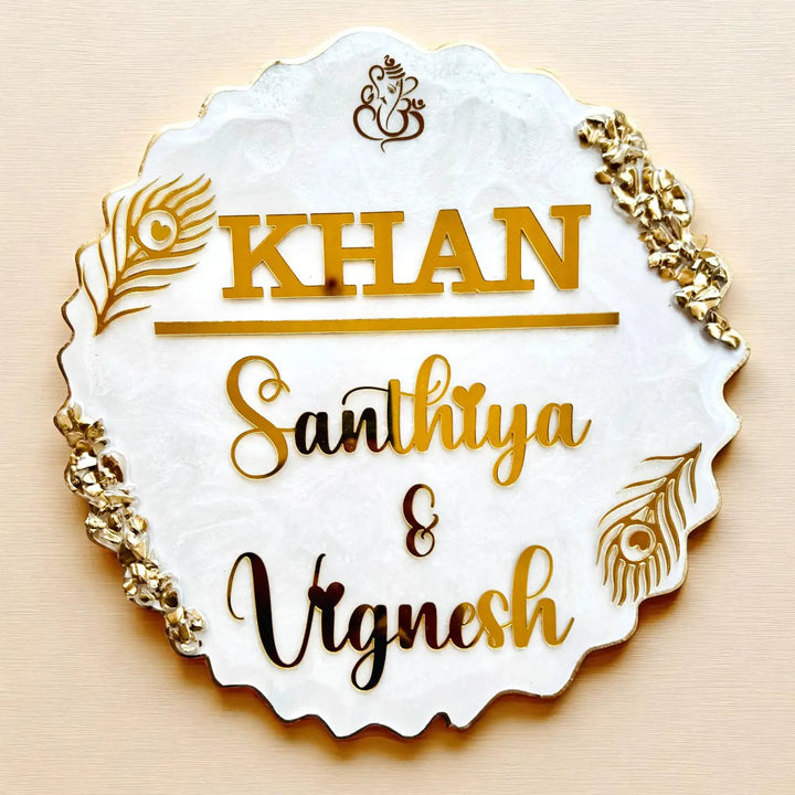 White Feather Personalized Marble Efffect Wavy Round Resin Name Plate | With 3D Acrylic Letters & Gold Stone Embellishment
