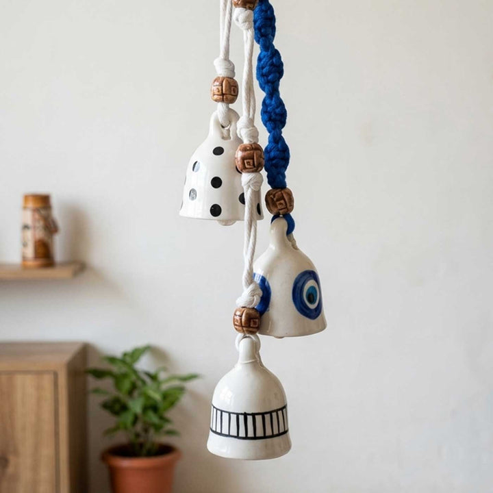 Macrame Handpainted Ceramic Bells Polka Chime Trio Hanging With Wooden Beads With Assorted Ceramic Hooks