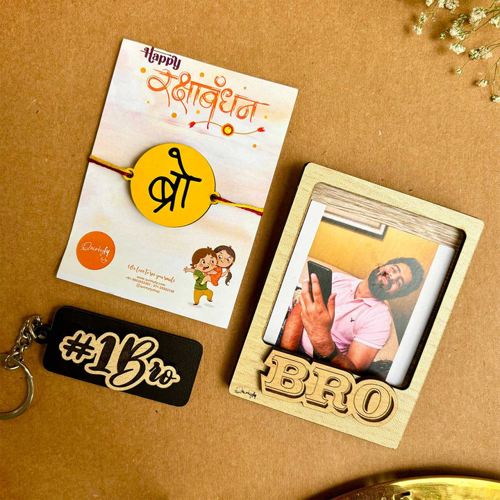 Photo Personalized Cute Rakhi Hamper For Brother Includes 1 Rakhi 1 Keychain And 1 Fridge Magnet - Set Components Display