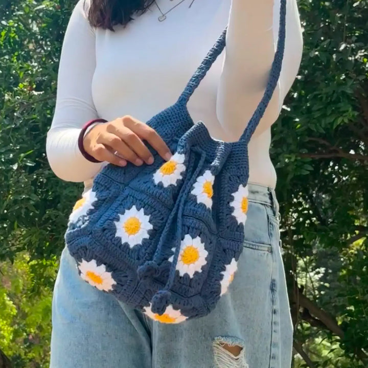Handmade Crochet Blue Daisy Flower Design Cotton Tote Bag