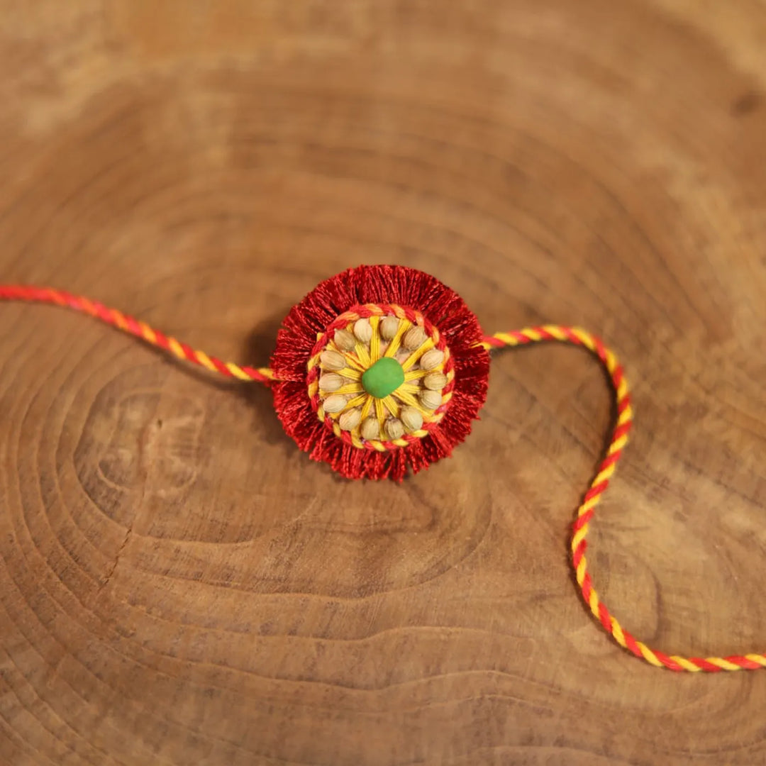 Akkad Bakkad Plantable Handmade Cork Sibling Rakhi Hamper With Roli Chawal - Single Rakhi on wooden surface
