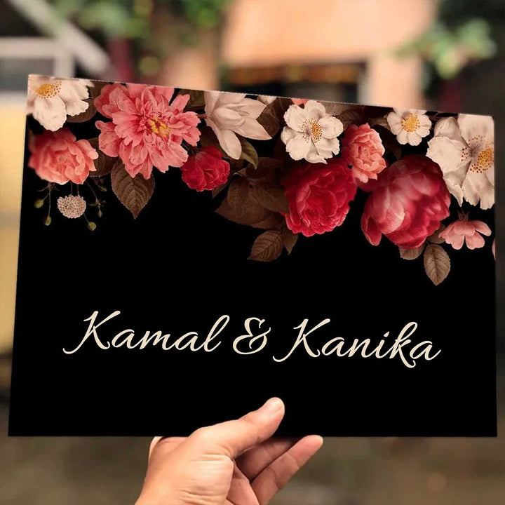 Printed Black Floral Wooden Rectangle Nameplate - Handheld Front View with Text Personalization