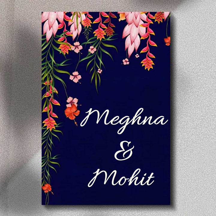 Printed Dark Blue Spring Floral Wooden Vertical Nameplate - Front View Name Personalization Example