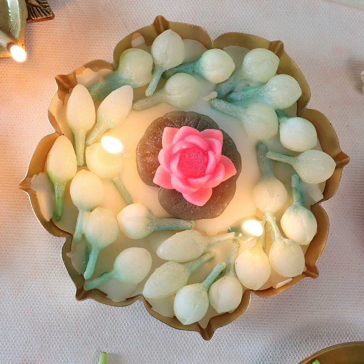 Set of 5 | Mogra Handmade Floral Soy Wax Scented Metal Urli Candle