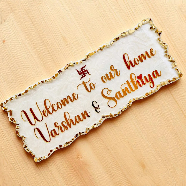 White & Gold Personalized Marble Effect Rectangle Resin Name Plate | With 3D Acrylic Letters & Gold Stone Embellishment