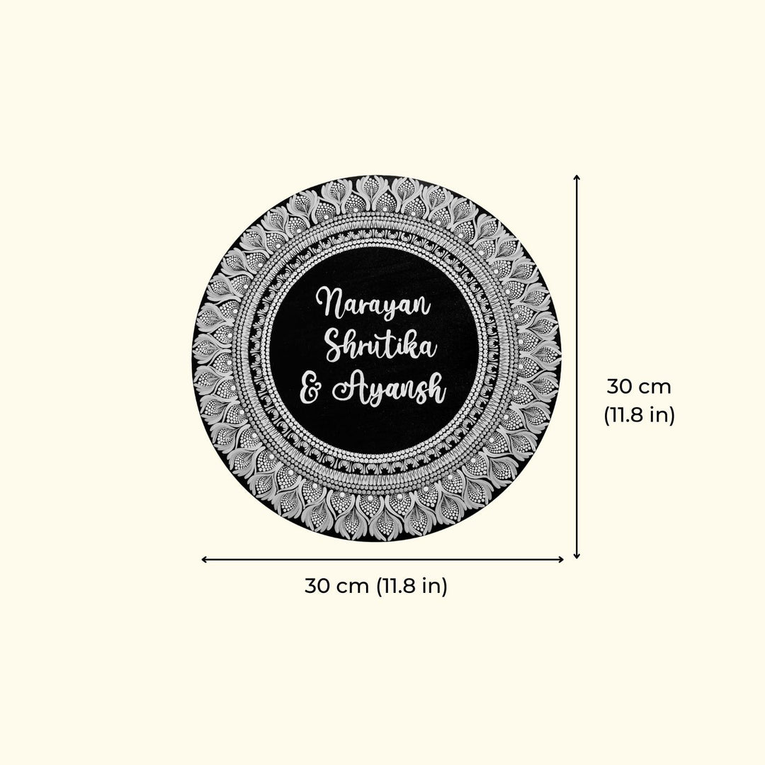 Handcrafted Circular Dot Art Name Plate 3 - Dimension Chart with Personalization
