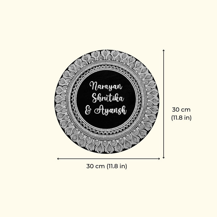 Handcrafted Circular Dot Art Name Plate 3 - Dimension Chart with Personalization