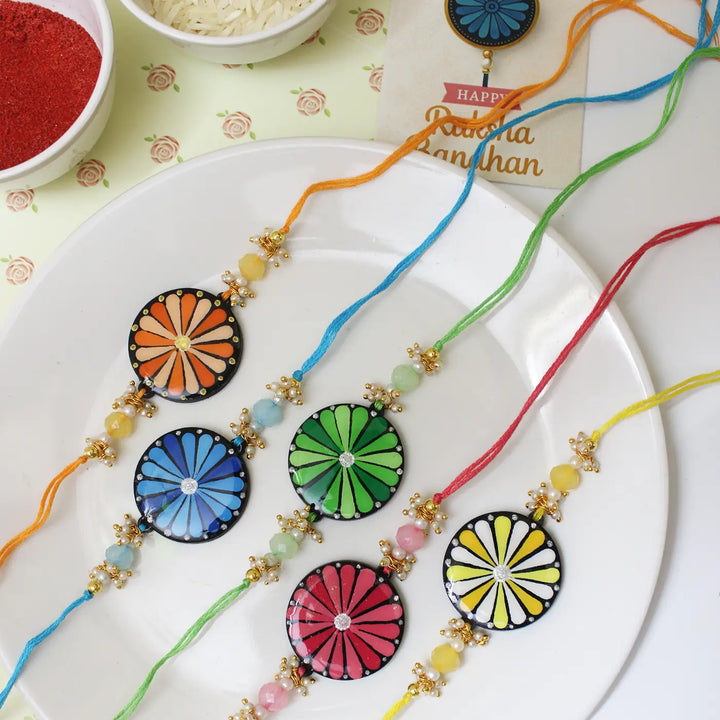 Hand-Painted Dot Mandala Floral Rakhi With Roli Chawal