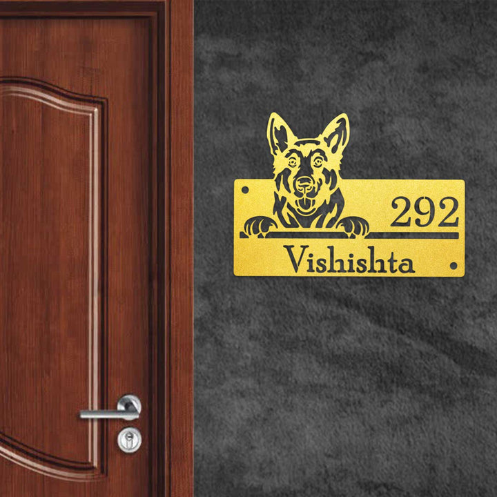 Personalized Weatherproof Artistic Dog Theme Metal Name Plate - Mounted on Exterior Wall Near Door