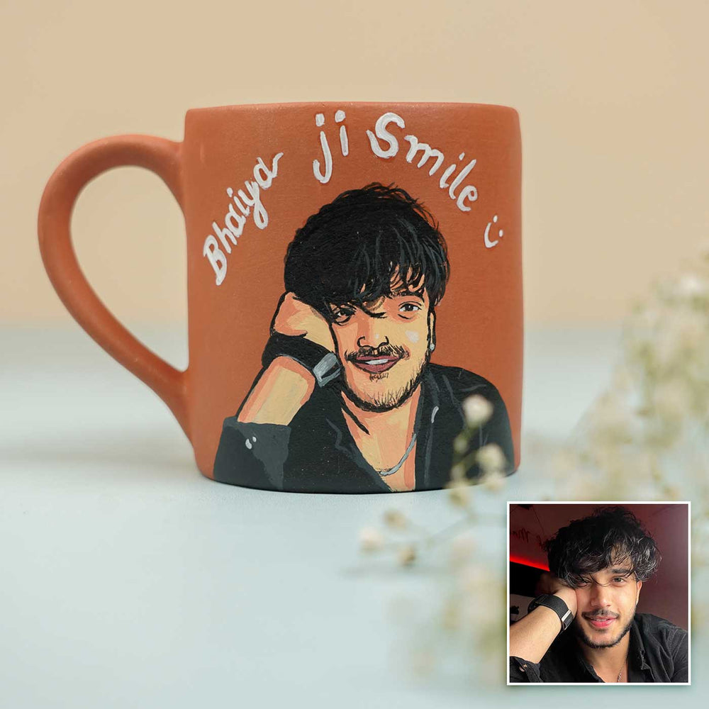Photo Personalized Handmade Bhaiya Ji Theme Rakhi Hamper Includes 1 Mug 1 Rakhi - Front View with Portrait Insert
