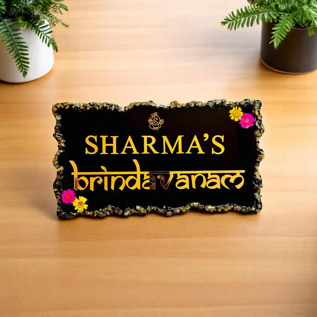 Black Personalized Rectangle Resin Name Plate | With 3D Acrylic Letters & Gold Stone Embellishment
