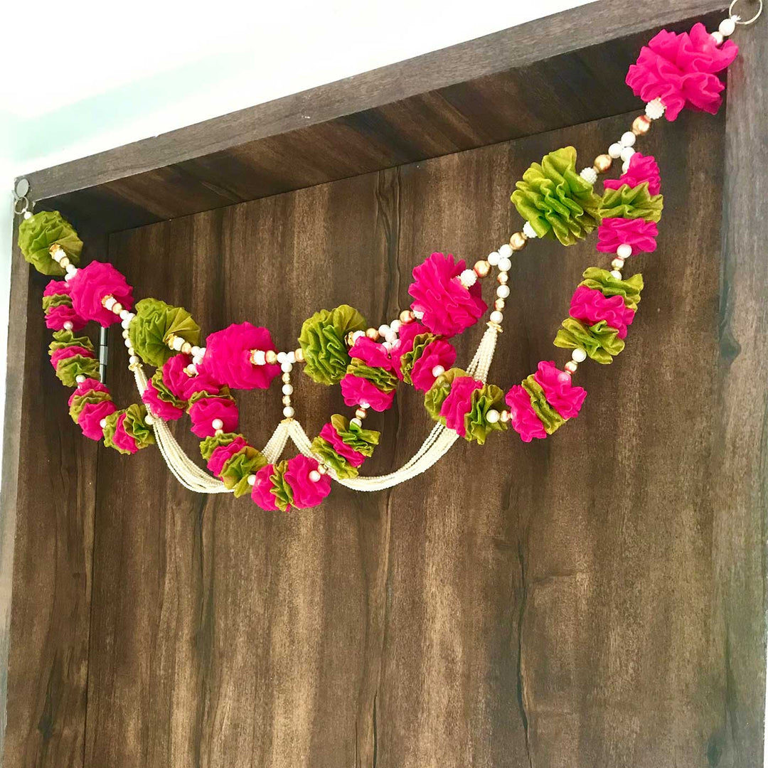 40 / 44 In | Handmade Pink & Green Tissue Flower Toran