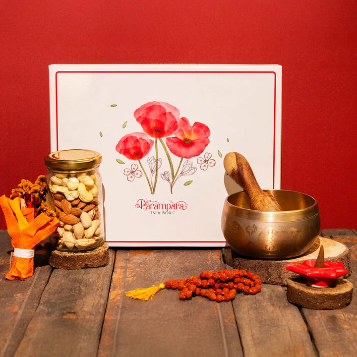 Five Senses in a Box Diwali Gift Hamper | Includes 1 Dry Fruits Jar, 1 Singing Bowl, 1 Jaap Mala, 1 Bouquet, 1 Dhoop Cones Pack