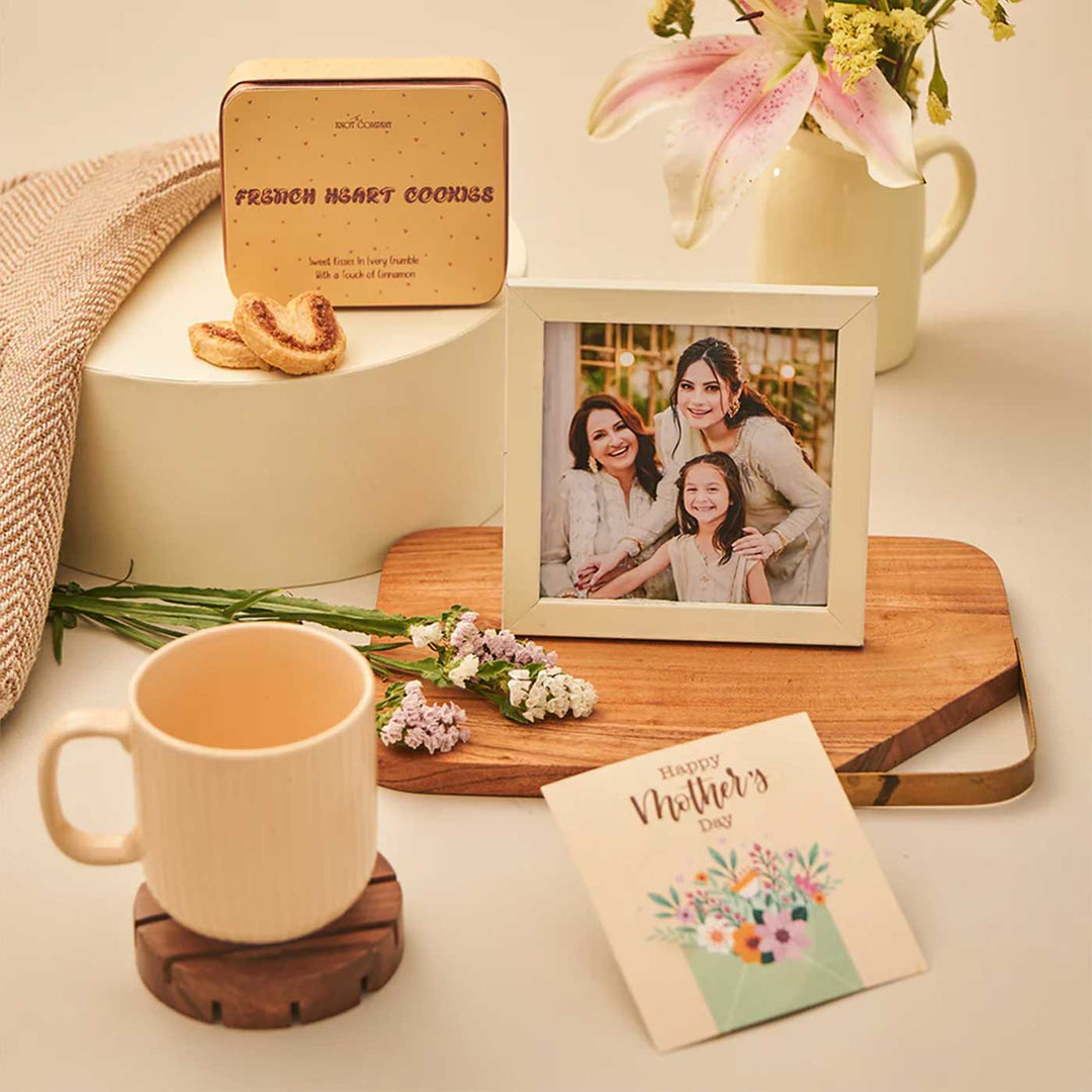 Photo Personalized Sweet Like Maa Gift Box | Includes 1 Ivory Photo Frame, 1 French Heart Cookies Tin, 1 Ribbed & Glazed Ceramic Mug, 1 Mother’s Day Postcard, 1 Chic Circular Gift Box