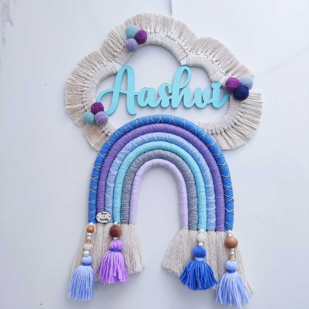 Personalized Handmade Macrame Cloud Rainbow Kids Name Plate With 3D Letters