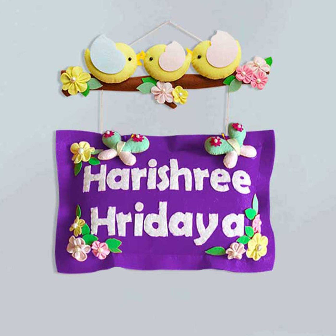 Hand Stitched Bird Themed Felt Kids Name Plate 1 - Front View Hanging Name Sign