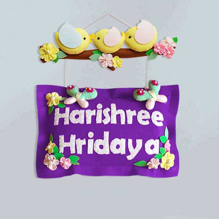 Hand Stitched Bird Themed Felt Kids Name Plate 1 - Front View Hanging Name Sign