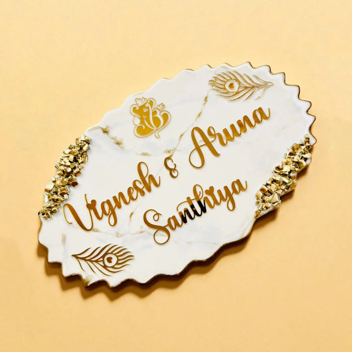 White & Gold Personalized Marble Effect Oval Resin Name Plate | With 3D Acrylic Letters & Gold Stone Embellishment