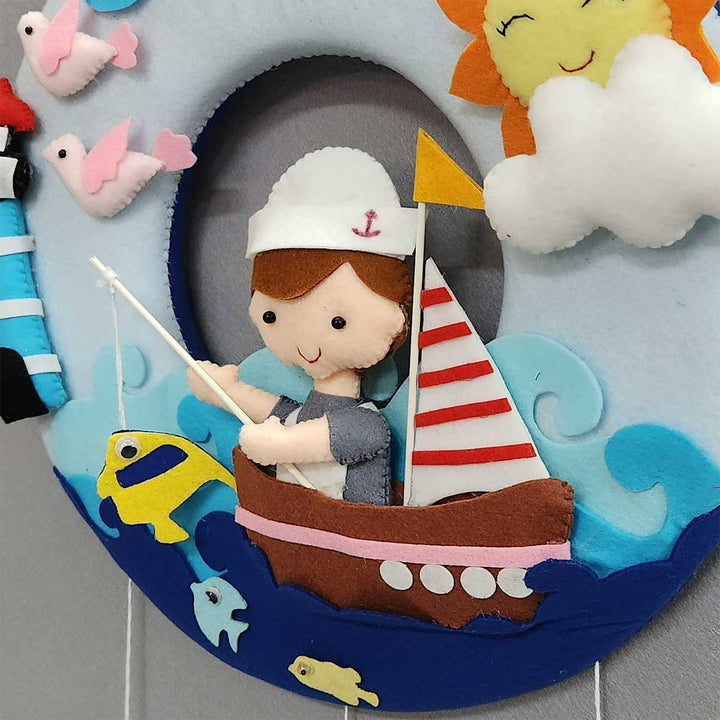 Personalized Fishing Theme Felt Kids Name Plate - Close-up of Felt Character Detail