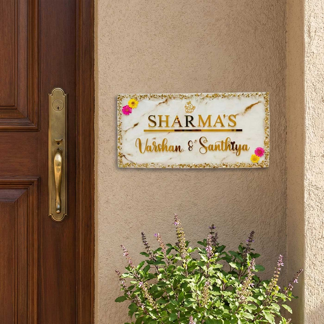 White & Gold Personalized Marble Effect Rectangle Resin Name Plate | With 3D Acrylic Letters, Gold Stone Embellishment & Natural Flowers