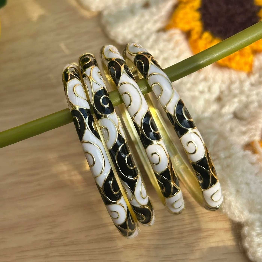Handcrafted Paisley Swirl Enamel 18K Gold Plated Stainless Steel Openable Bangle - Black & Ivory