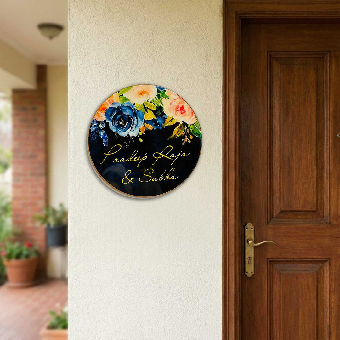 Black Floral Personalized Printed Round Resin Name Plate