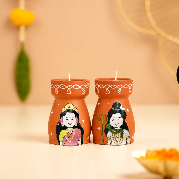 Hand-Painted Shiv Parvati Terracotta Tealight Holder | Set Of 2