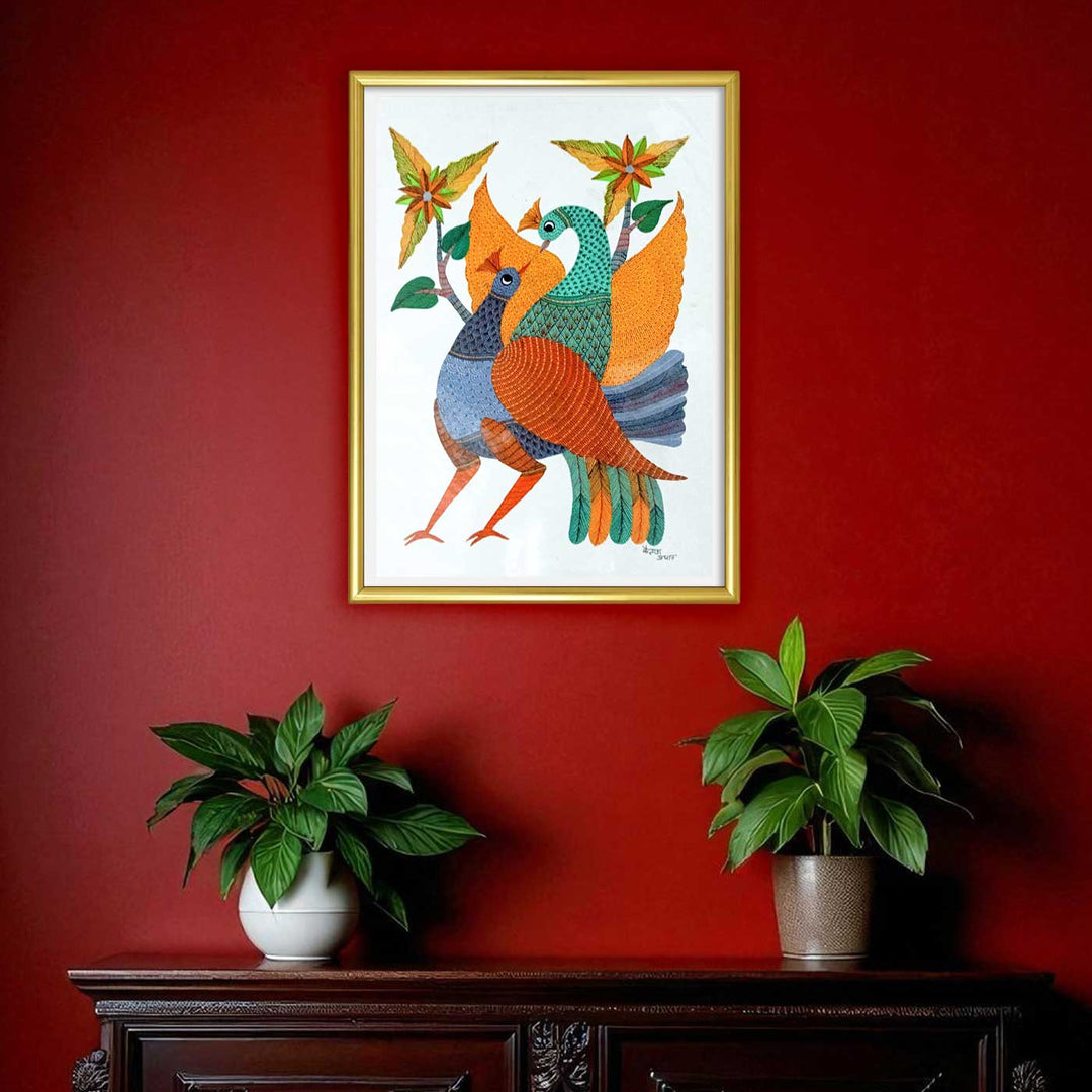 11 x 15 Inch | Peacock Couple | Original Hand painted Tribal Gond Art Painting | Acrylic Paints On Paper