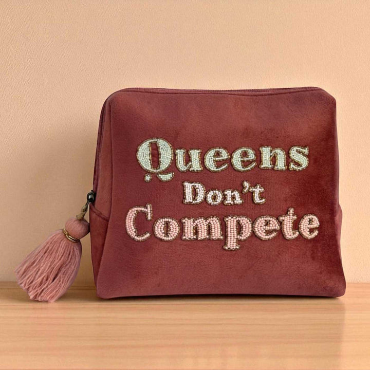 Handmade Embroidered Queens Don't Compete Velvet Pouch