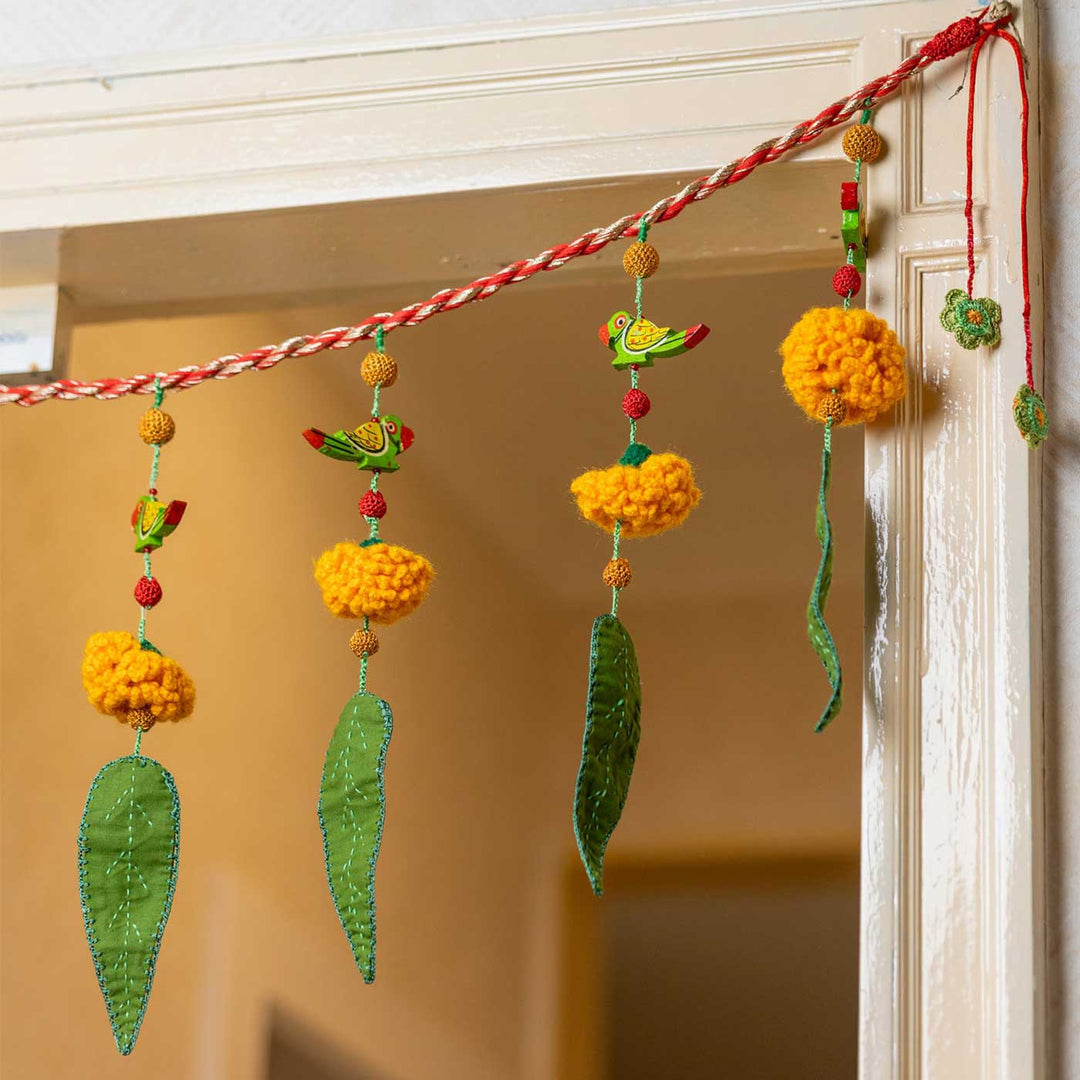 49 In | Intricate Realistic Crochet Ashok Patta Marigold And Parrot Cotton Toran
