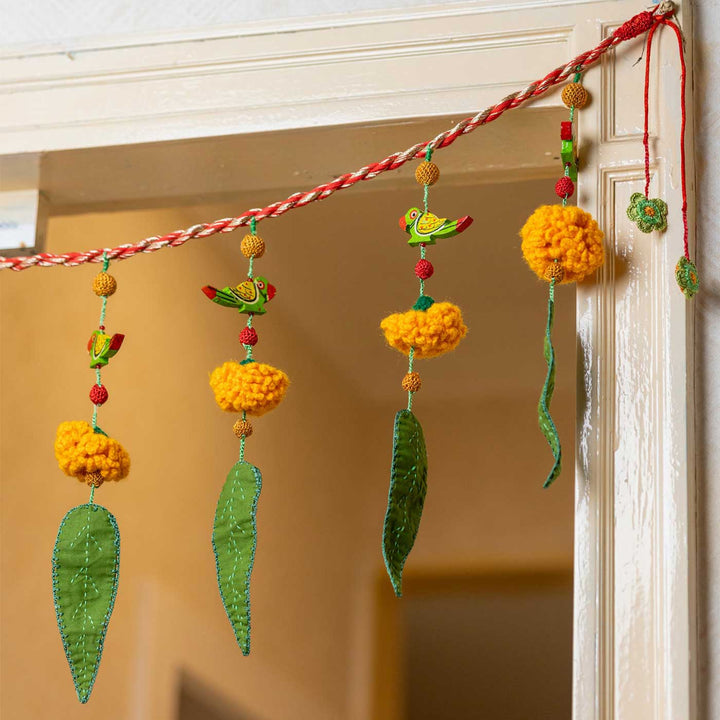 49 In | Intricate Realistic Crochet Ashok Patta Marigold And Parrot Cotton Toran