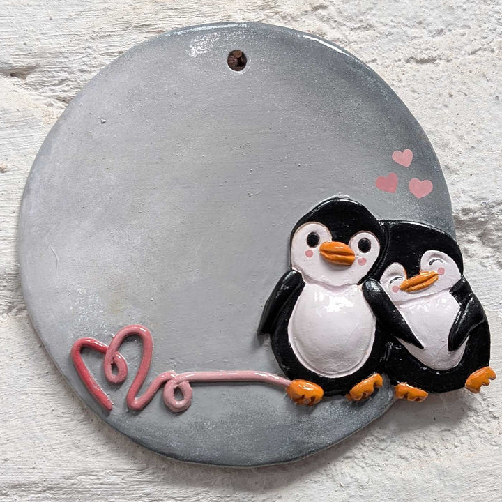 Personalized Hand-Painted Penguin Terracotta Name Plate For Couples