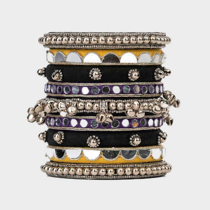 Black & Yellow Handcrafted Chitra Mirror Work Bangles | Set of 9
