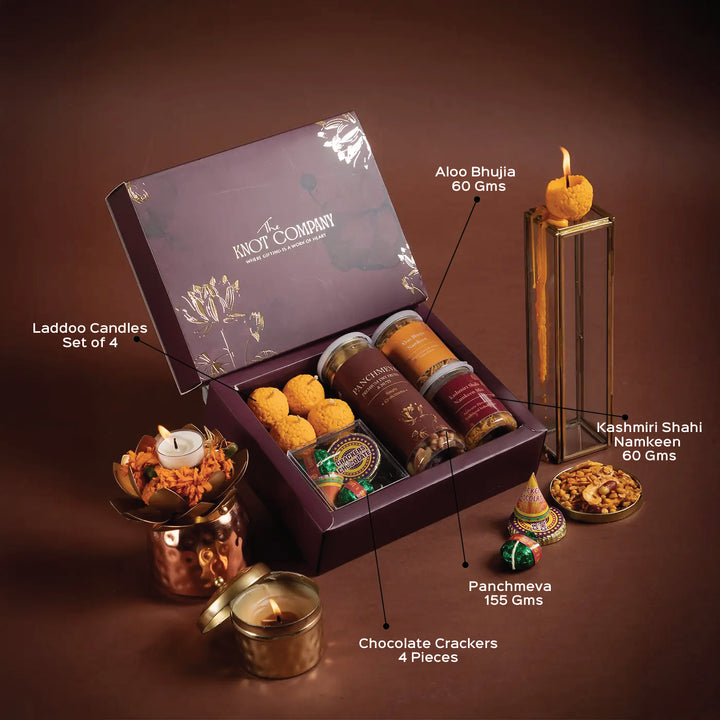 Sweets Savory Diwali Gift Hamper | Includes 1 Panchmeva Dry Fruits, 1 Aloo Bhujia, 1 Kashmiri Shahi Namkeen, 4 Cracker Chocolates, 4 Laddoo Candles, 1 Gift Box