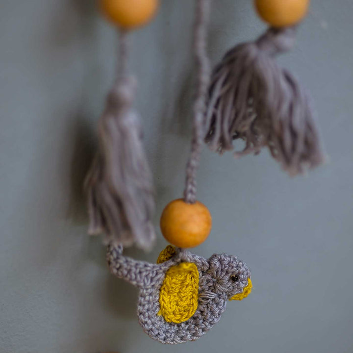 Handmade Crochet Grey Tassel Boho Cotton Bunting - Close-up Hanging Detail View