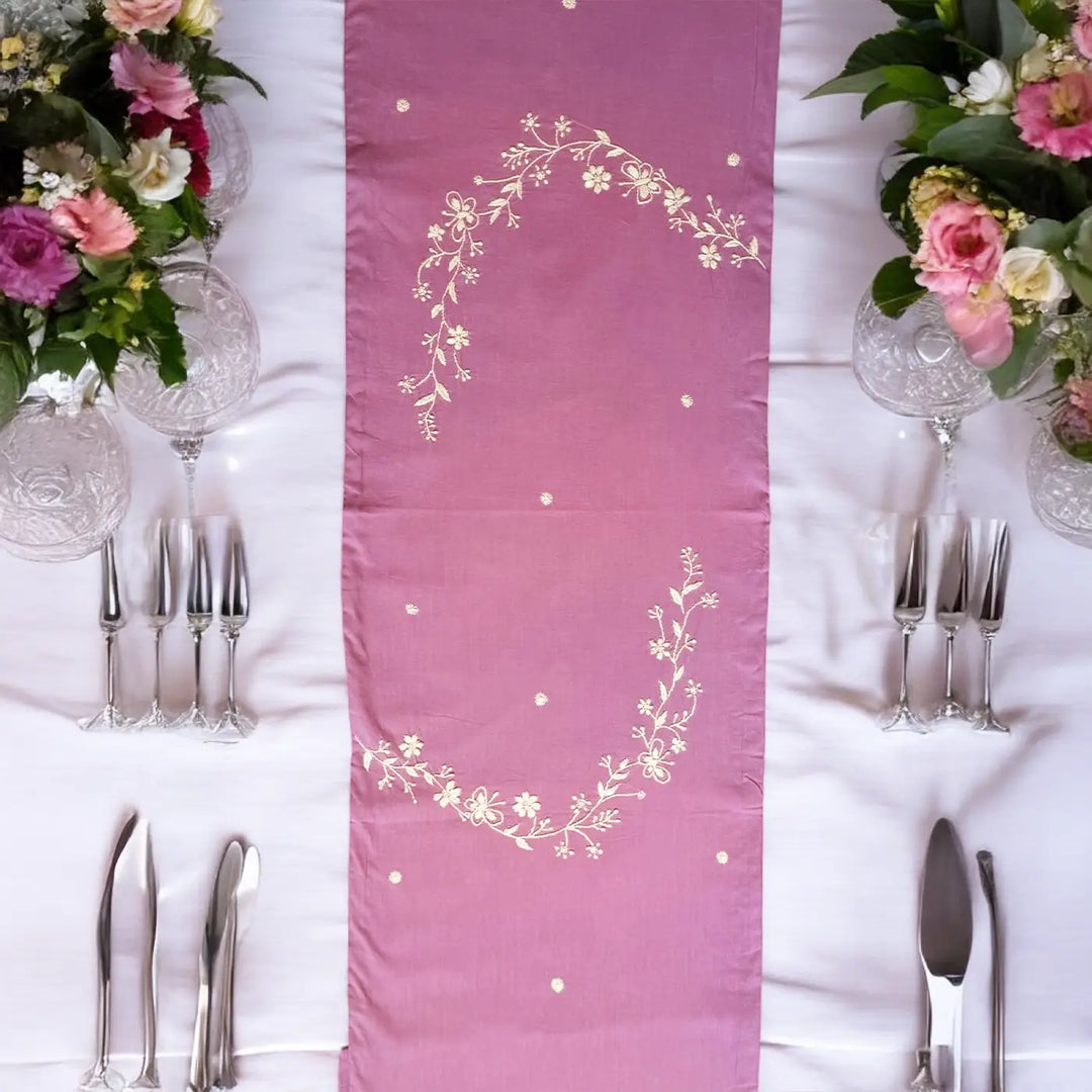 Hand Embroidered Floral Chikankari Cotton Table Runner