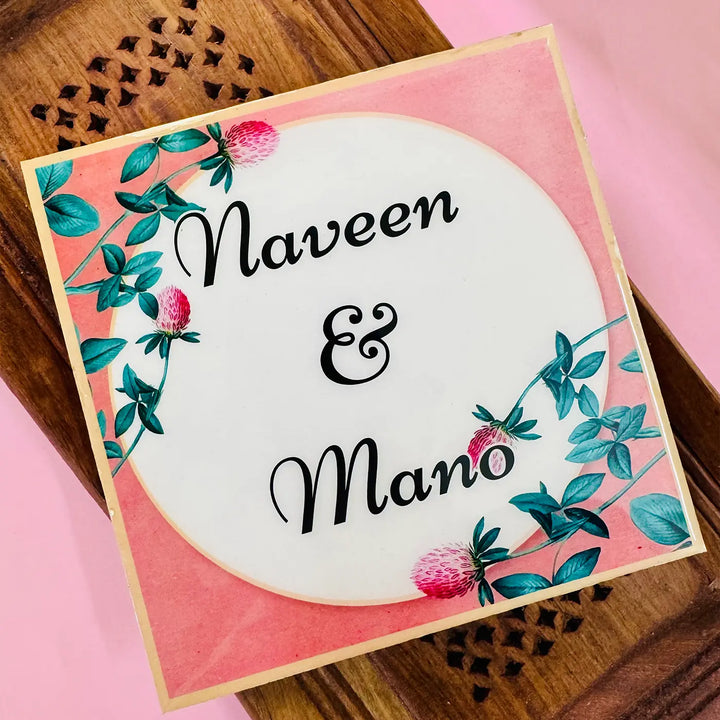 White & Peach Floral Personalized Printed Square Resin Name Plate
