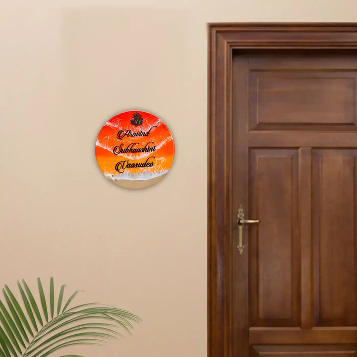 Orange And Black Personalized Ocean Effect Round Resin Name Plate | With 3D Acrylic Letters