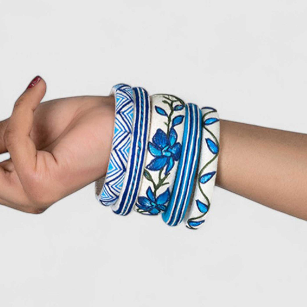 White & Blue Handcrafted Orchid Bangles | Set of 5