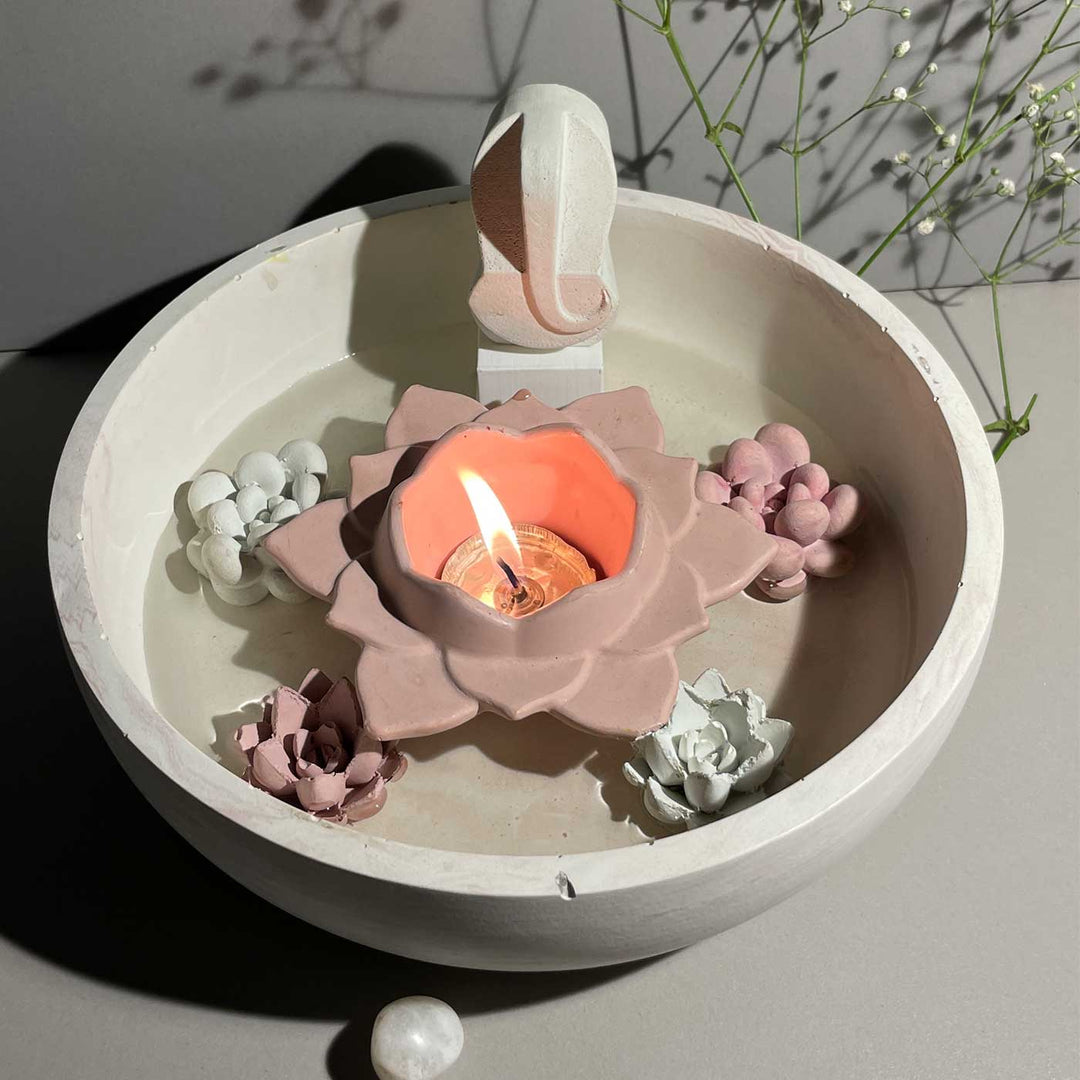 Handmade Glow Concrete Gift Hamper | Includes 1 Urli, 1 Flower Candle Holder, 1 Ganesha With Stand, 4 Succulent