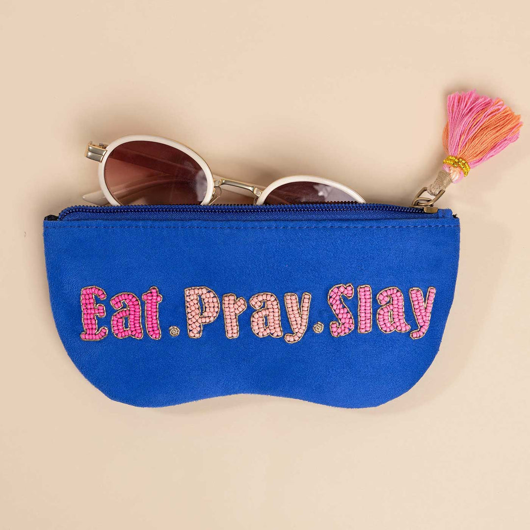 Handmade Embroidered Eat Pray Slay Design Suede Sunglass Cover