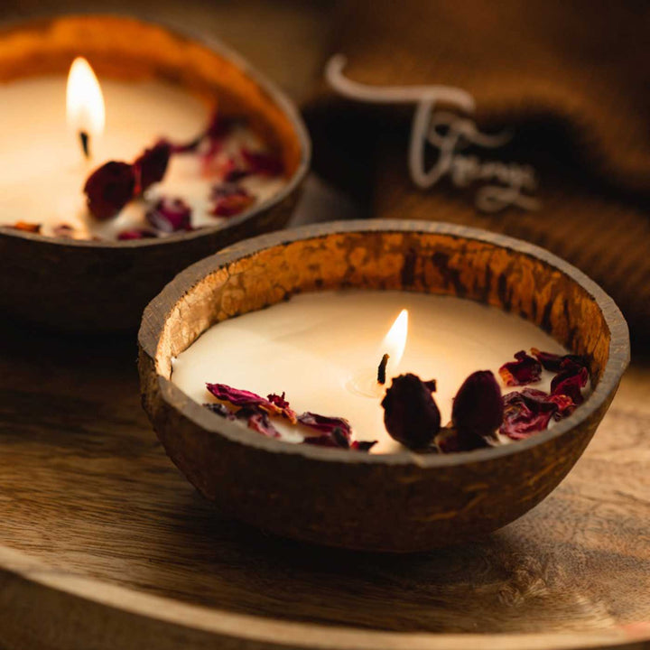 10 Pc | Eco-friendly Handmade Rose Scented Coconut Shell Candle