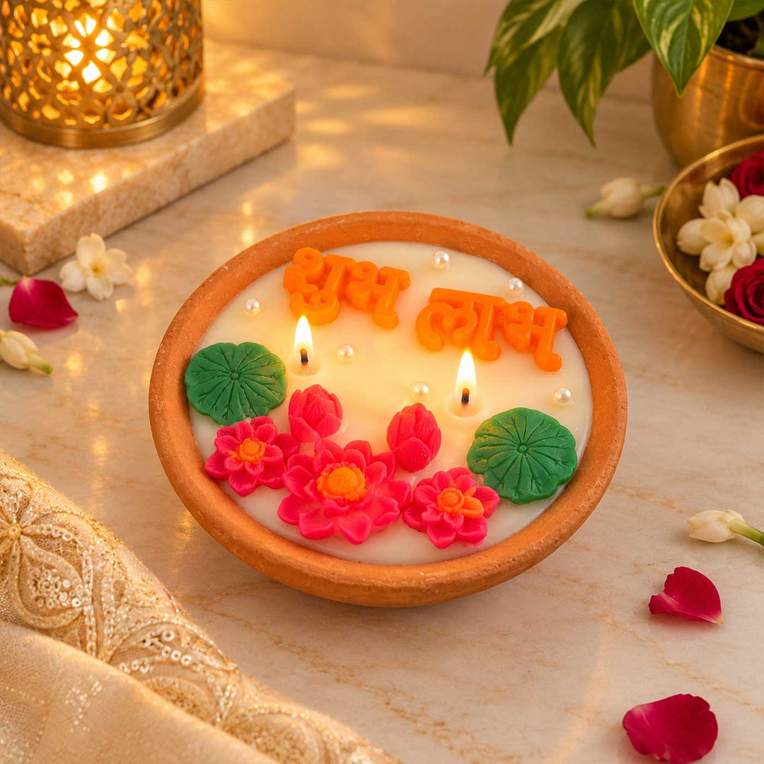 Handmade Shubh Labh Terracotta Urli Soy Wax Candle
